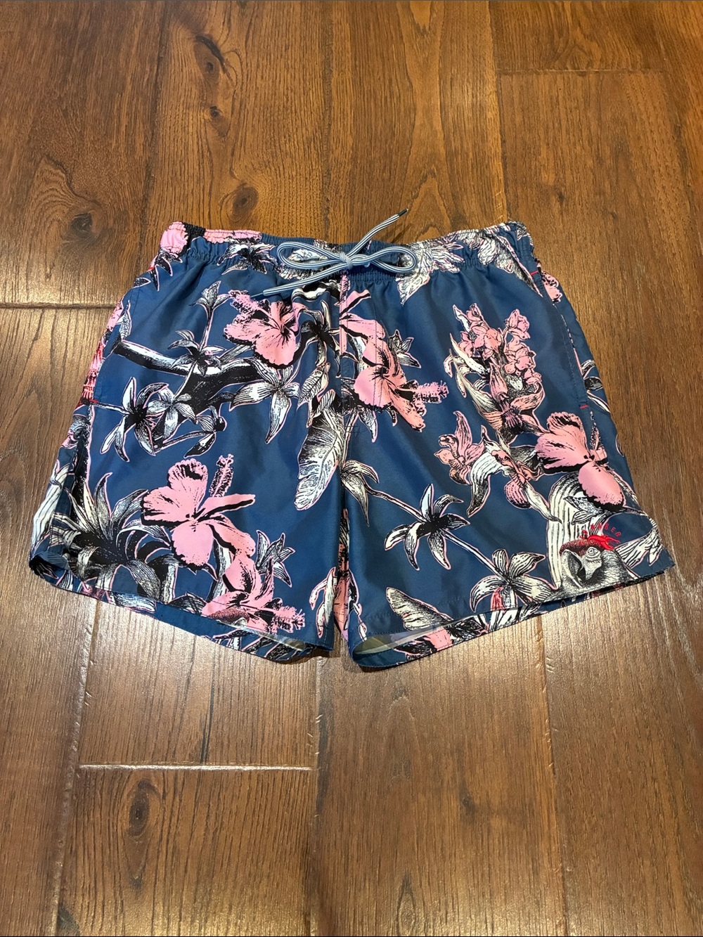Ted Baker London Navy Floral Swim Shorts with Pink Hibiscus Accents